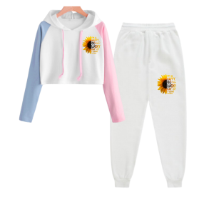 Joy Sana Setelan Wanita Remeja Baju 1 Pasang Atasan Crop Hoodie Kombinasi Dan Celana Jogger Motif IAM HAPPY