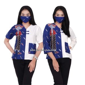Blouse Batik Wanita Atasan Batik Bahan Katun Prima READY Size S-M-L-XL-XXL-3L-4L-5L By Batik Dua Putri Collection = TEJO BIRU