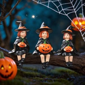 HEALMEYOU 3pcs Cute Witch Holding Pumpkin Statue Handmade Decoration Pumpkin Witch Figurine Halloween Gift Resin Crafts Halloween Statue Courtyard Flower Pot