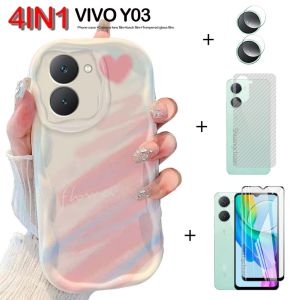 4in1 For VIVO Y03 case Gentle wind love smudged cream phone case+ tempered glass film+Camera lens Film+back film