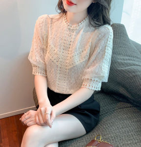 AFEG New Short Sleeve Lace Shirt Crochet Lace Puff Sleeve Blouse
