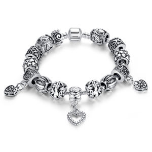 BAMOER Free Shpping Antique Silver Charm 17CM Bracelet & Bangle Silver 925 With Heart Pendant for Women Wedding Vintage Jewelry PA1431