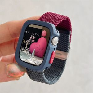 สายถักแบบเกาหลีสายรัดเคสสำหรับ Apple Watch 44 40 45 41สายไนล่อนยืดหยุ่นสูง49มม. Ultra2เป็นพิเศษสำหรับ IWatch Series 9 8 SE 7 6 5 4 SE2