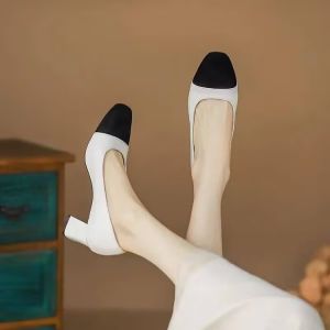Free Shipping Soft Leather Color-Blocked Small Fragrant Style Chunky Heel Pumps 2026 Autumn Mid-Heel Shallow-Toe Pumps High Heels