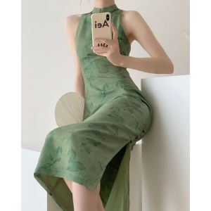 Glary Star Retro White and Green Improved Cheongsam Wrap Dress Chinese Style Long Skirt