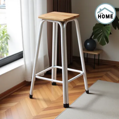 เก้าอี้บาร์ขาเหล็ก ไม้ยางพารา สูง60cm. รับน้ำหนักได้100-150กิโล(C60)ขาขาว