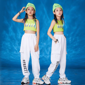 LOLANTA Girls Green Vest White Jogger Pants Set Hip Hop Clothing Street Wear Korean White Crop Top Costume Kids Jazz Dance Stage Performance Costumes 4-14 Years