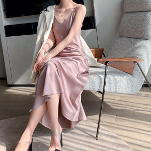 Alisa.Sonya ชุดเดรสแม็กซี่ผู้หญิงไซส์พิเศษไซส์ใหญ่แขนกุดคอวีสีพื้นกึ่งทางการชุดเดรสผ้าซาติน