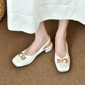 Block Heel Square Toe Back Empty Single Shoes French Toe Sandals Womens Summer Temperament Straight Strap High Heels