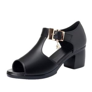 Free Shipping Soft Leather WomenS Fish-Mouth Sandals Summer Roman Style WomenS Chunky Heels Versatile Mid-Heel Shoes Comfortable For Moms