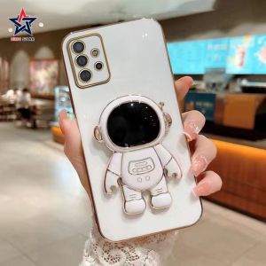 For Samsung Galaxy A12 A13 4G A52S 5G A51 A71 A50S A30S A50 A53 5G A73 5G 3D Cartoon Fashion Cute Luxury Square Electroplating Astronaut Phone Case with Stand Holder Soft Shockproof Protective Back Cover