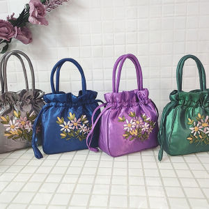YAFEN Small Women Bucket Bag Top Handle Ladies Handbag Phone Bag Summer Purse National Style Embroidered Flower Pattern Drawstring Bag