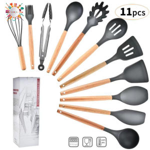 RT82 Kitchen Utensil Silicone wood 11pcs Set Peralatan Dapur Masak Baking Sutil Spatula Sendok Silikon Set Alat Masak 11 in 1 gagang kayu DA525