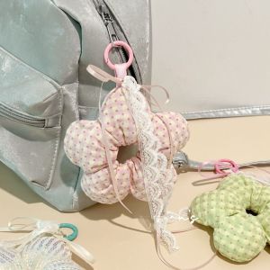 MQU19 Sweet Stuffed Flower Keychain Polka Dot Korean Style Fill Flower Pendant Lovely Ribbon Hair Rope Key Ring Girls