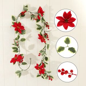 YESPERY 2M ประดิษฐ์ Holly Leaf Vine และ Red Berries หวายคริสต์มาส DIY Garland พวงหรีด Xmas Tree แขวนเครื่องประดับตกแต่งบ้าน