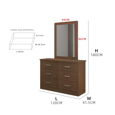 KitchenZ 4FT Madero Series Display Cabinet Walnut Classic Design with Mirror Make up Table / Meja Solek - HMZ-FN-DC-M1200-WN