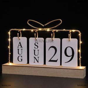[COD] WANGJIA Flip Calendar With Light For Desk Wooden Perpetual Desk Calendar With Month Date Display Desktop Calendar For Home Office Decor Send Goods From Local Warehouse