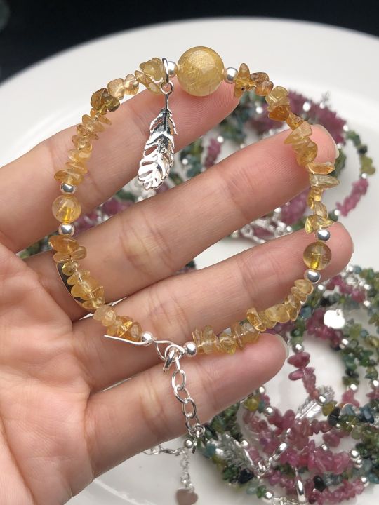 [FreeshipMAX] vòng tay đá vụn tourmaline mix hạt đá thạch anh tóc vàng phụ kiện bạc
