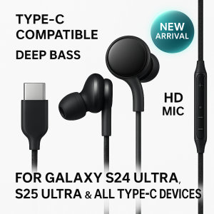 Type-C Wired Earphones HD Sound Bass Earphone With Mic Noise Isolation Compatible S24 S25 S26 Ultra Z Flip USB C Headset