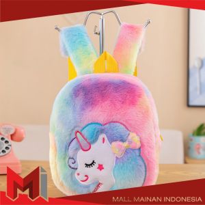 MallMainan-T54 Tas Ransel Anak Karakter Kuda Pony Rainbow Model Bulu Halus / Tas Sekolah Anak Paud