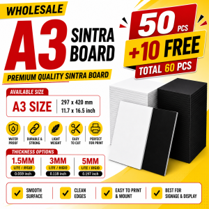 WHOLESALE A3 PVC Sintra Board 50+10 FREE Promo | Lite & Rigid Board for School Projects Printing & Advertising Printing Smooth Surface Easy Cutting Durable Waterproof & Long-Lasting