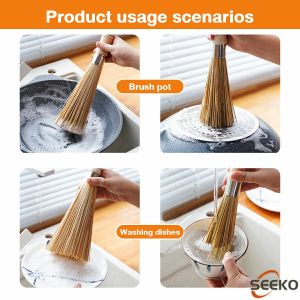 Seeko Bamboo Wok Brush Cleaning Brush Wooden Handle for Cleaning Dishes Cast Iron Pots Pans
