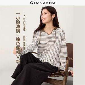 Giordano Women Striped long sleeve contrast hooded tee Free Shipping 05326800