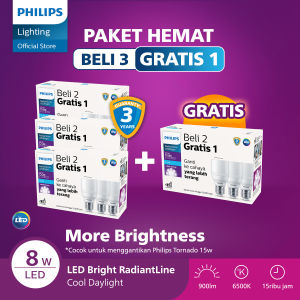 Philips Lampu LED Paket Beli 3 Gratis 1 Lampu Multipack Radiantline LED Bright 8W 6500K Putih