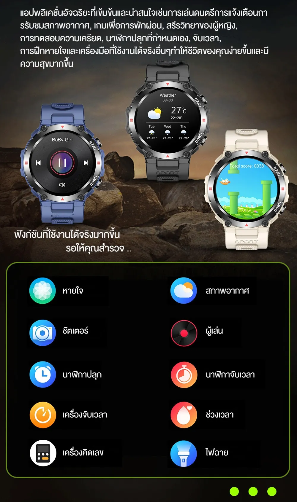 Aolon Tetra R2 1.32 นิ้ว สมาร์ทวอทช์ ผู้ชาย นาฬิกาวิ่ง บลูทูธโทร ควบคุมเพลง การตรวจการนอนหลับ HR BP SPO2 380mAh