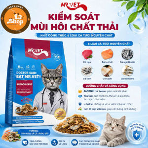 Thức ăn hạt MrVet dòng T4 1kg (Công thức 6 loại cá) hỗ trợ sáng mắt giảm mùi chất thải dành cho mèo -T3 PETS SHOP
