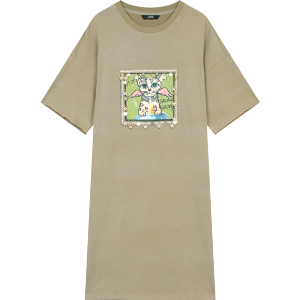 ELFSACK 2025 Spring New Arrivals Y2K Cartoon Printed Short Sleeve T-Shirt Dress Women Loose Casual Long Dress