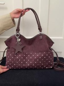 Polka Dot Suede Shoulder Bag Women Stylish Brown Slouchy Tote Drawstring Design Magnetic Buckle Bag With Star Pendant2026