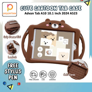 Softcase Advan Tab A10 10.1 Inch 2024 A523 Bonus Stylus Pen Tali Lanyard Selempang Case Anak Dewasa Motif Karakter Kartun Bear Beruang Coklat Lucu Standing Casing Cute Kids Cover Pelindung Tablet Anti Air Grip for Girsl Boy Cowok Cewek Skin Aksesoris Tab