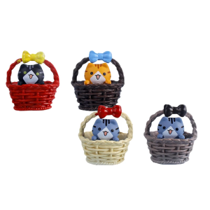 4Pieces Funny Cats in Basket Sculpture Plastic Miniature Figurine Nursery Study Home Office Desktop Shelf Display
