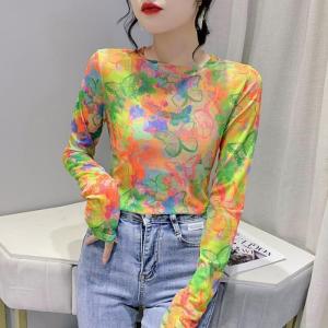 Print Mesh Colorful T Shirt for Women Long Sleeve 2024 Spring/summer Fitting Sunscreen Base Top