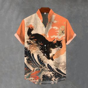 ZEEMIN Japanese Animal Graphic Mens Shirt Summer Casual Short Sleeve Tops Hawaiian Shirts Men Oversized Lapel Button T-Shirt Man Tees