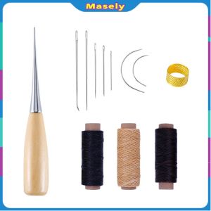 Masely 12pcs Leather Sewing Kit Sewing needle/Wooden Handle Awl/30m Wax Thread