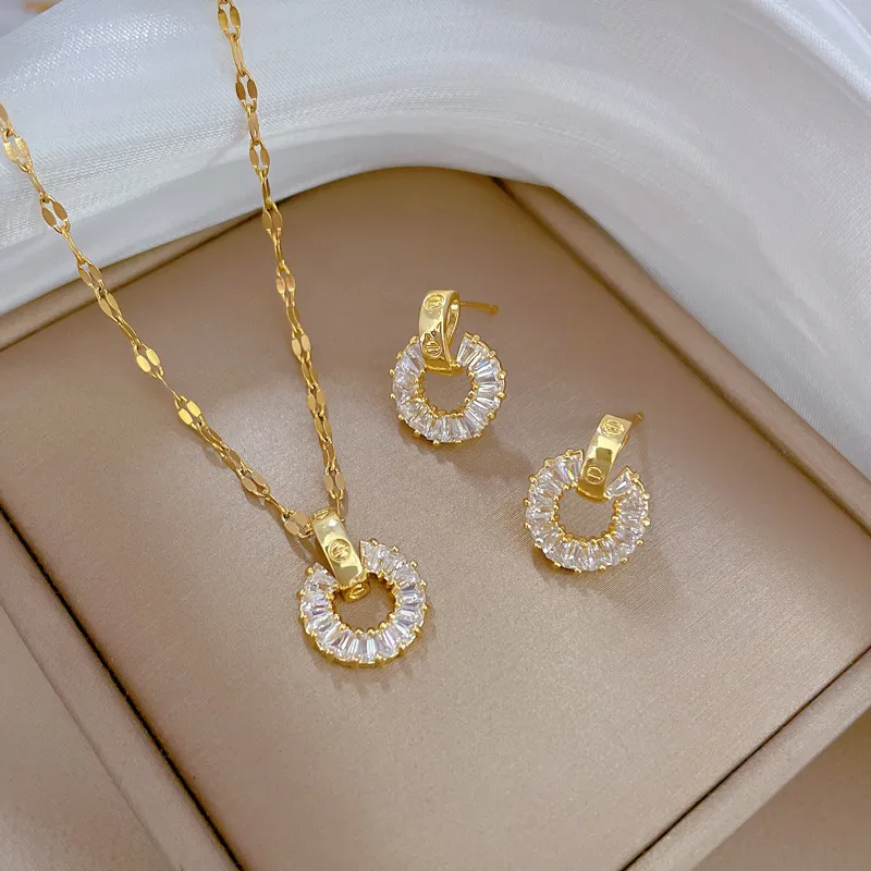 18K Saudi Gold Pawnable Square Diamond Necklace Earrings Set for Women  Elegant Luxury Jewelry Gift Legit Hypoallergenic Non Tarnish Wedding