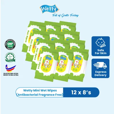 Wetty Mini Kids Wet Tissue Antibacterial Wipes Tisu Basah Budak Wet Tisu Mini Tissue (12 Pack x 8s)