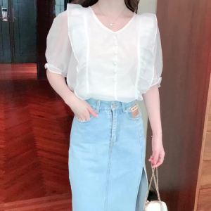 Ammin 2024 đơn giản Mới Mùa Hè v-cổ diềm đăng ten ngắn tay áo cánh vải voan phụ nữ đổ xô tay áo thiết kế áo blouse thanh lịch