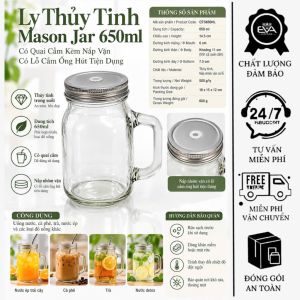 Ly Thủy Tinh Mason Vintage 450ml Có Quai Cầm Nắp Vặn Kim Loại Nhiều Màu