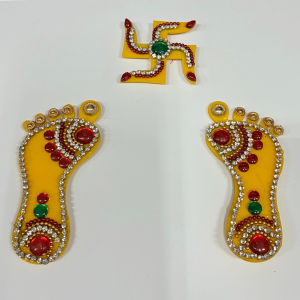 Traditional Lakshmi Charan Paduka Floor Rangoli with Stone Moti | Auspicious Goddess Feet Pagla for Mandir Diwali & Home Décor (Set of 3)