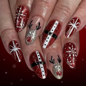 Festive Christmas Fake Nail Santa Snowflake Glitters Design Easy Application Reindeer Art ABS Manicure For Women