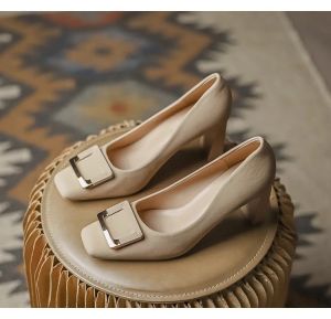 Free Shipping WomenS Chunky Heel Square-Toe High Heels Mid-Heel Suitable For Hotels Business And Casual Wear Shallow-Cut Pumps Evening Style Fashionable Work Shoes