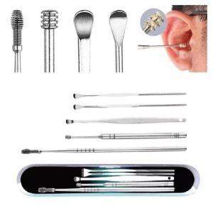 HK.1set 5pcs stainless steel cochlear cleaning set Ear Cleaner Set Ear pick Ear Wax Remover Ear Curette Spiral Ear Spoon Ear Cleaning Tools Portable ear cleaning kit
