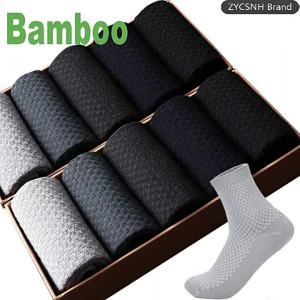 ถุงเท้าใยไผ่ผู้ชาย 10 คู่/ล็อต 2025 ใหม่ ถุงเท้าบีบอัดฤดูใบไม้ร่วงยาวสีดำ สำหรับธุรกิจและชุดลำลอง ของขวัญขนาดใหญ่ 42-45