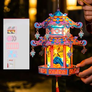 Lunara 中秋节灯笼 mid autumn festival lantern Luminous Mid-Autumn Festival Lantern Ancient-style Pavilion Shape Childrens Handheld Lantern Traditional Openwork Projection DIY Lantern Material Kit Lantern Festival