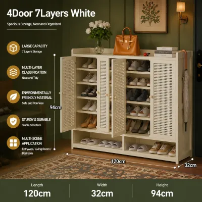 Bamboo Shoe Cabinet With Rattan Door Multi-layer Rack Organizer Indoor Breathable Dustproof 2/3/4Doors