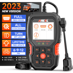ANCEL HD601 For 24V Heavy Duty Truck Full System OBD2 Scanner Support OBD Basic Functions Diagnostic Turn Off Engine Light Auto Scan 12v and 24v HDOBD Diesel Automotive For Volvo Ford Freightliner Cummins