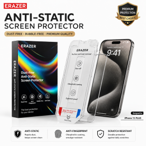 ERAZER iPhone 15 Tempered Glass Screen Protector Dust-Free Anti-Static Anti-Spy Privacy & High Definition Clear 9H Hardness Bubble-Free Easy Installation Dust Removal Box Anti-Fingerprint Scratch-Resistant Explosion-Proof